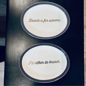 West Elm - Fishs Eddy Oval White Ceramic Brunch Plates w/ Gold Script (Set of 2)